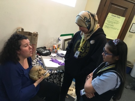 Two of the Karabots Junior Fellows talk with Anna Dhody, Curator of the Mütter Museum, about forensic anthropology