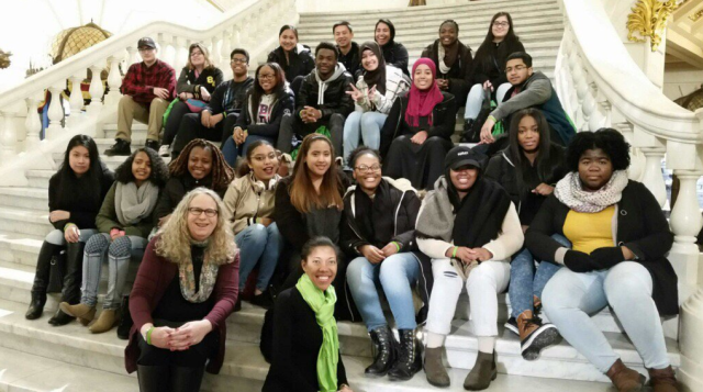 Students from CEPI's various youth programs pose for a group photo on the steps of the PA State House with Dr. Rachel Levine and Dr. Loren Robinson