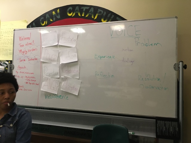 A whiteboard with advice on finding one's authorial voice during a session on personal essay writing for the Teva Pharmaceuticals Internship Program